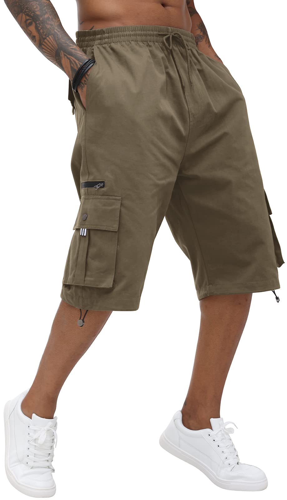 Mens Cargo Long Shorts Cotton Elastic Waist Capri Knee Length